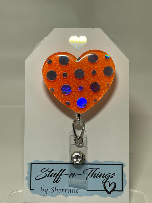 Heart in Hot Orange with Silver Holographic Dots Badge Reel