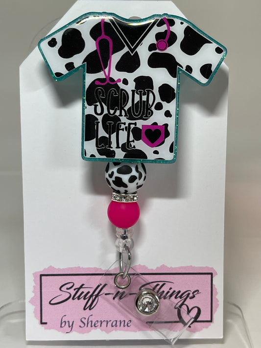 Scrub Top in Cow Print Badge Reel with Silicone Beads