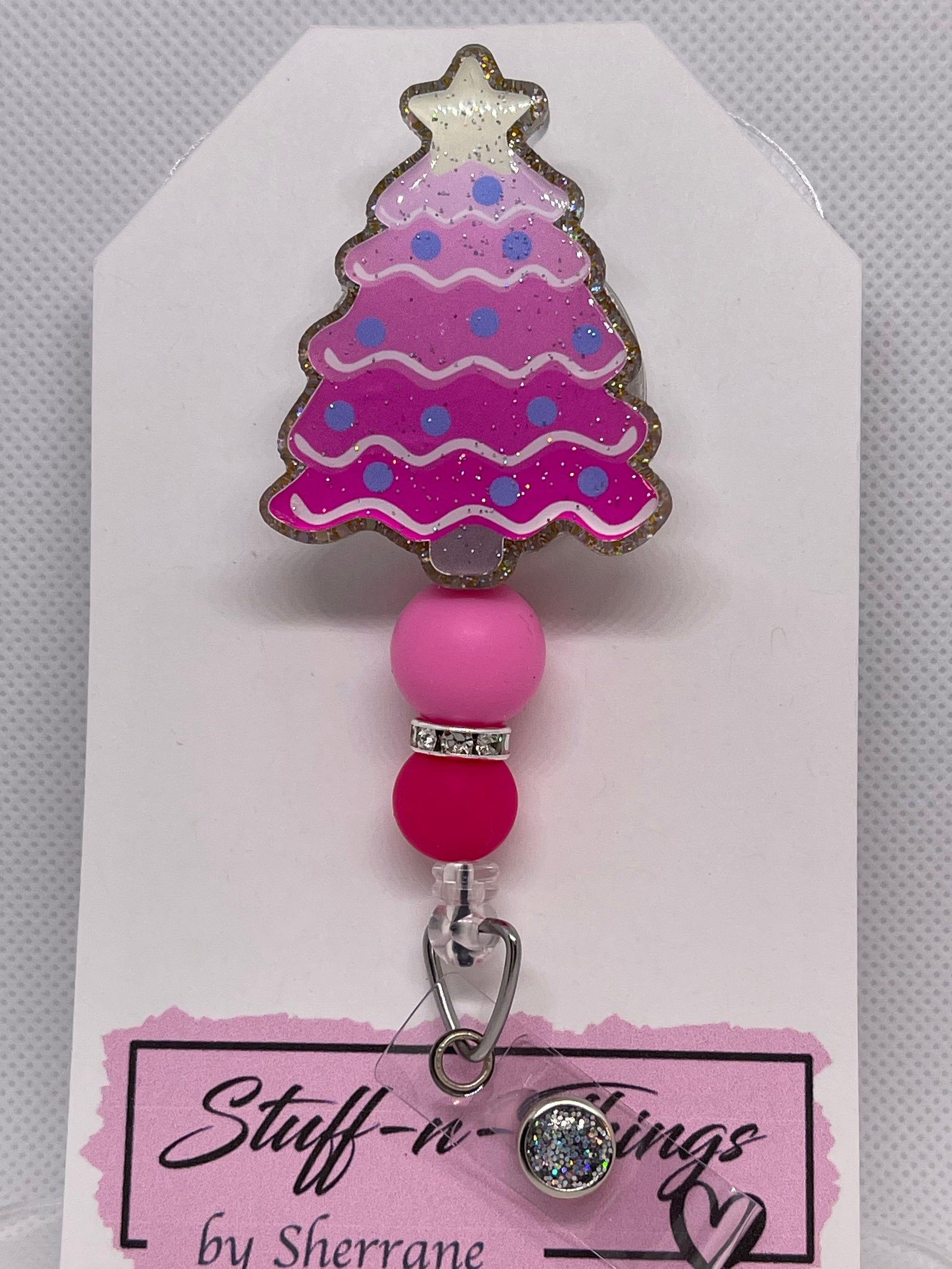 Christmas Tree in Pink Badge Reel with Beads – Stuff-n-Things by Sherrane