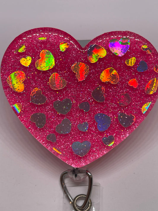 Heart with Hot Pink Glitter & Silver Holographic Vinyl Hearts Badge Reel