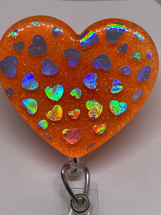 Heart with Orange Glitter & Holographic Vinyl Hearts Badge Reel