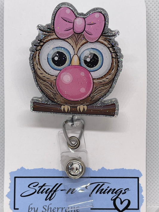 Owl Blowing Bubblegum Bubble Badge Reel