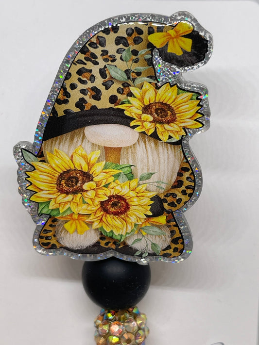 Gnome Sunflower & Leopard Print Badge Reel with Beads