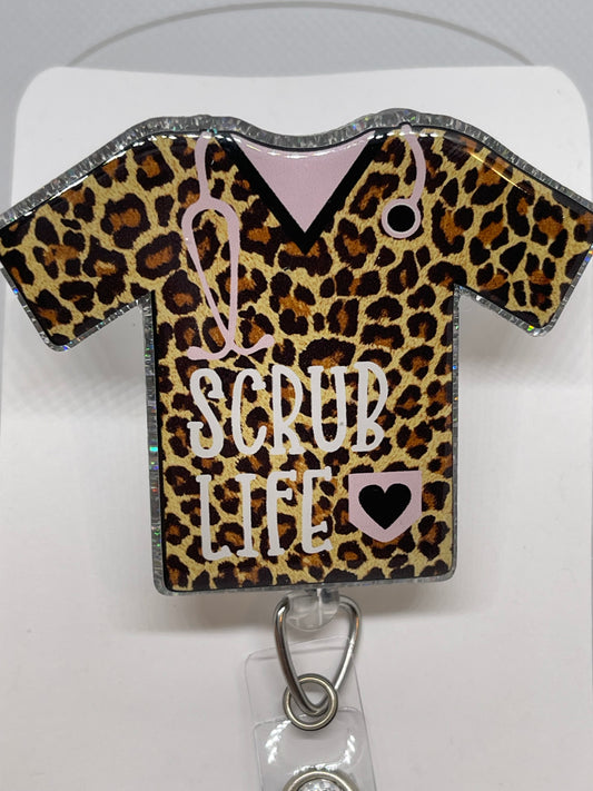 Scrub Top in Leopard Print Badge Reel