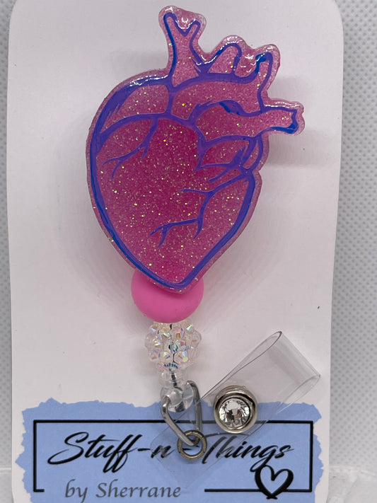 Anatomical Heart Pink with Beads Badge Reel