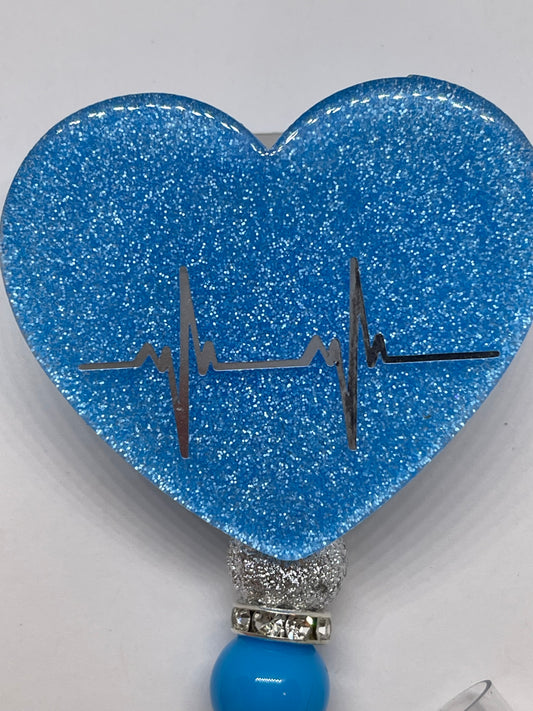 Heart in Blue Glitter & Silver Heartbeat with Beads