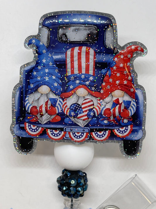 Patriotic Gnomes in Blue Truck Badge Reel