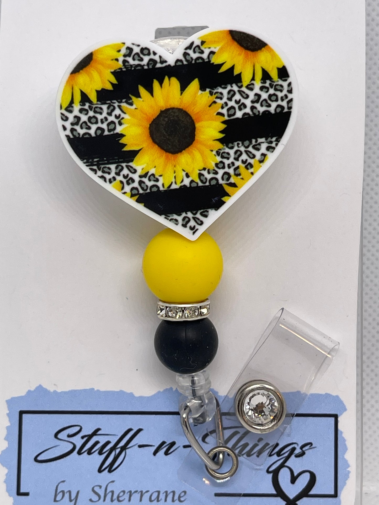 Acrylic Leopard Print & Sunflowers Heart Badge Reel with Silicone Beads