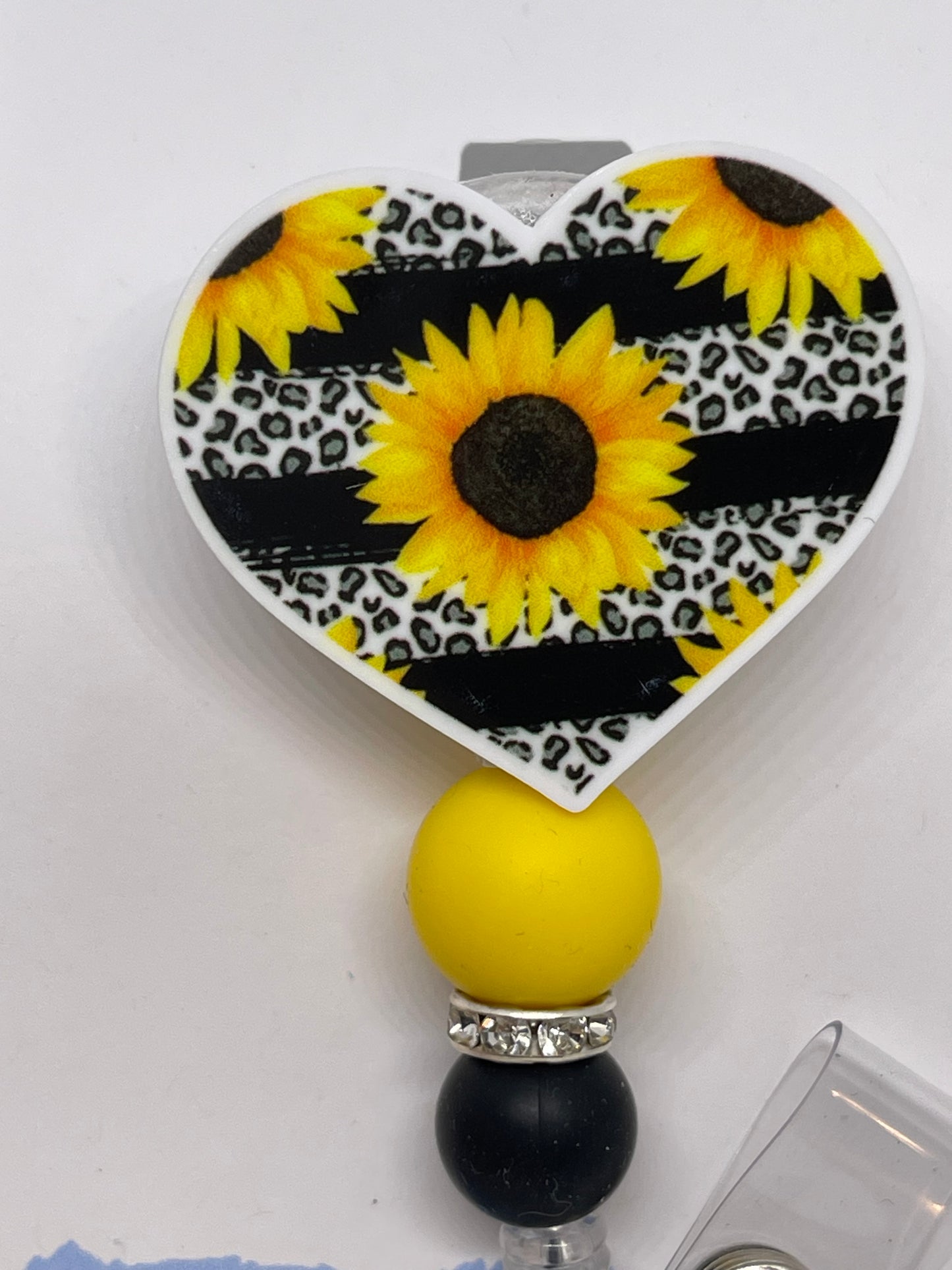 Acrylic Leopard Print & Sunflowers Heart Badge Reel with Silicone Beads