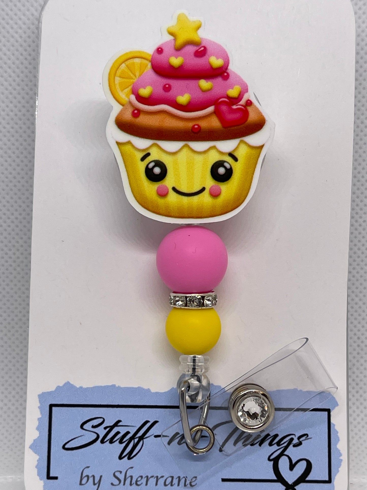 Acrylic Pink & Yellow Cupcake Badge Reel