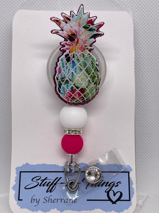 Pineapple Flower Print Badge Reel with Beads