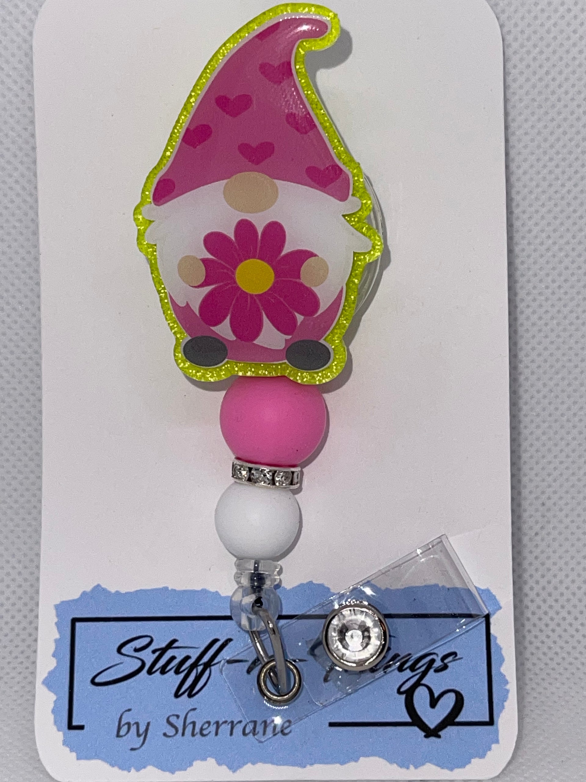 Gnome Pink Flower Badge Reel – Stuff-n-Things by Sherrane