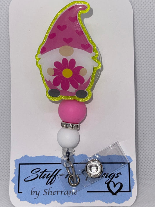 Gnome Pink Flower Badge Reel