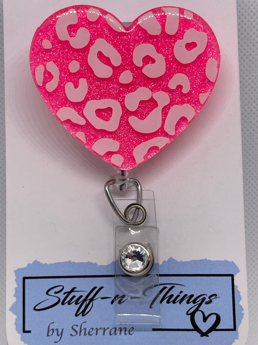 Heart Leopard Print Pink Badge Reel