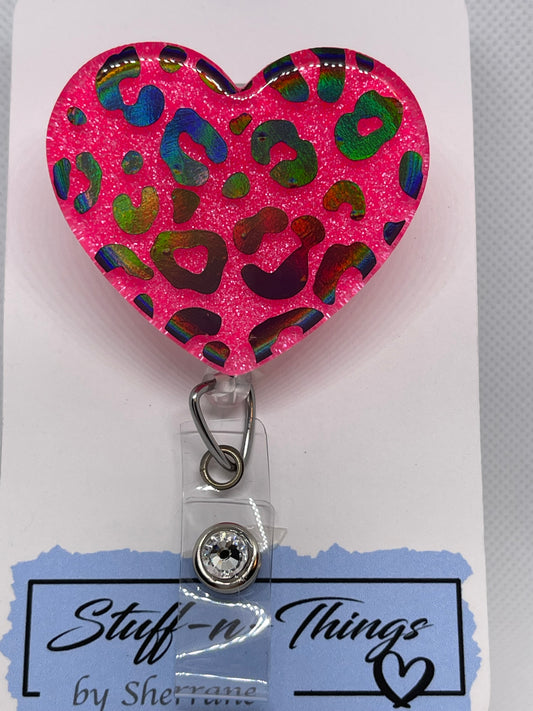 Heart Leopard Print Pink Badge Reel