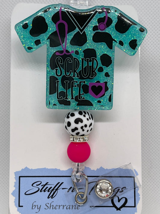 Scrub Top Cow Print with Teal Glitter Badge Reel