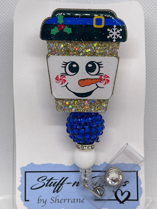 Christmas Coffee Snowman - Gold glitter Badge Reel