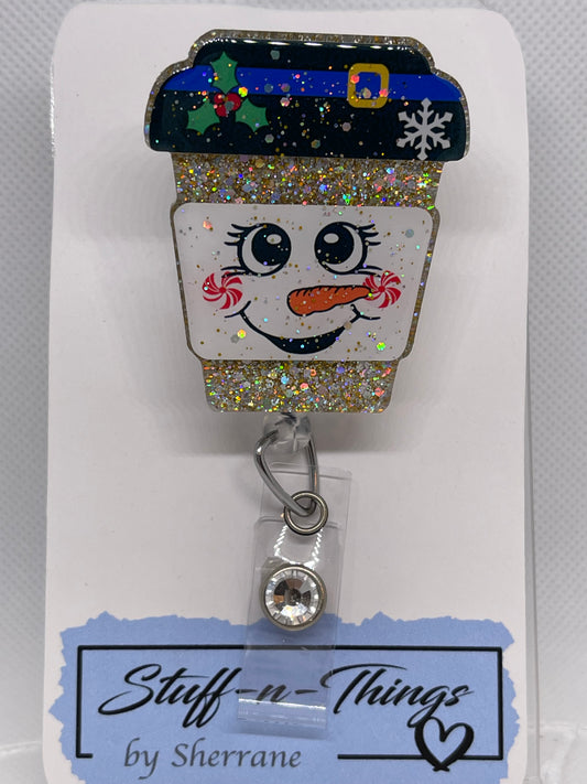 Christmas Coffee Snowman - Gold glitter Badge Reel