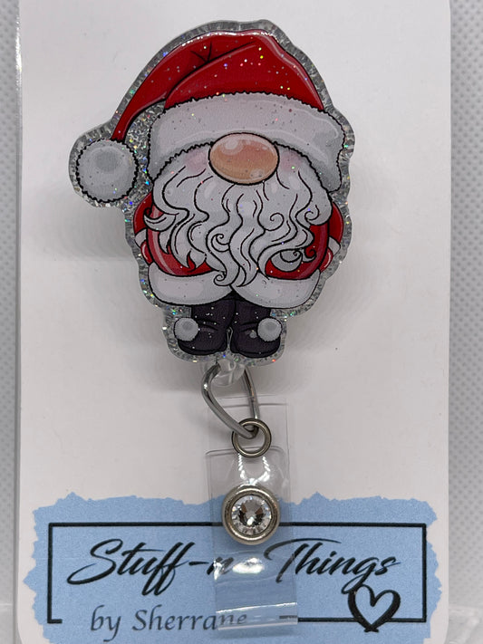 Christmas Gnome Santa - Silver Glitter Badge Reel