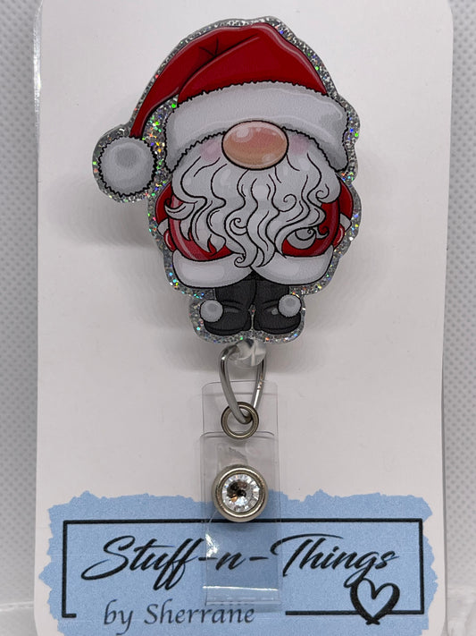 Christmas Gnome Santa - Silver Glitter Badge Ree