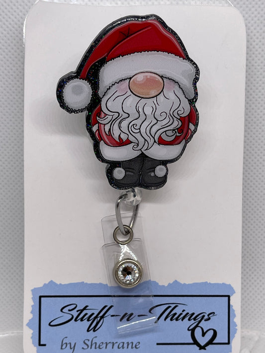 Christmas Gnome Santa - Black Glitter Badge Reel