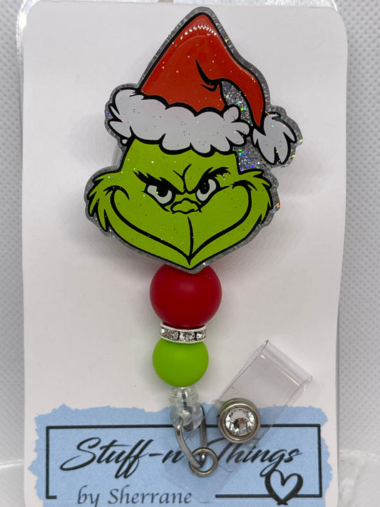 Christmas Mean Guy Santa Badge Reel w/ Beads