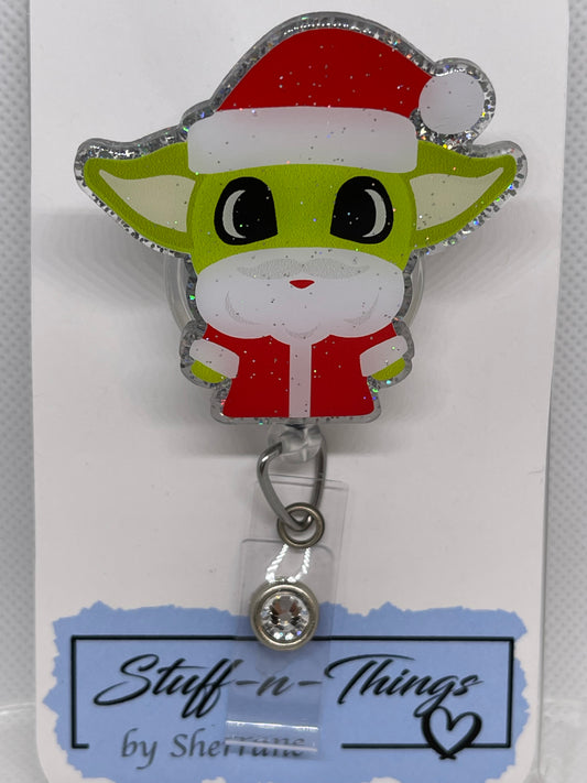 Christmas Baby Alien Santa Badge Reel w/ Glitter Top Coat