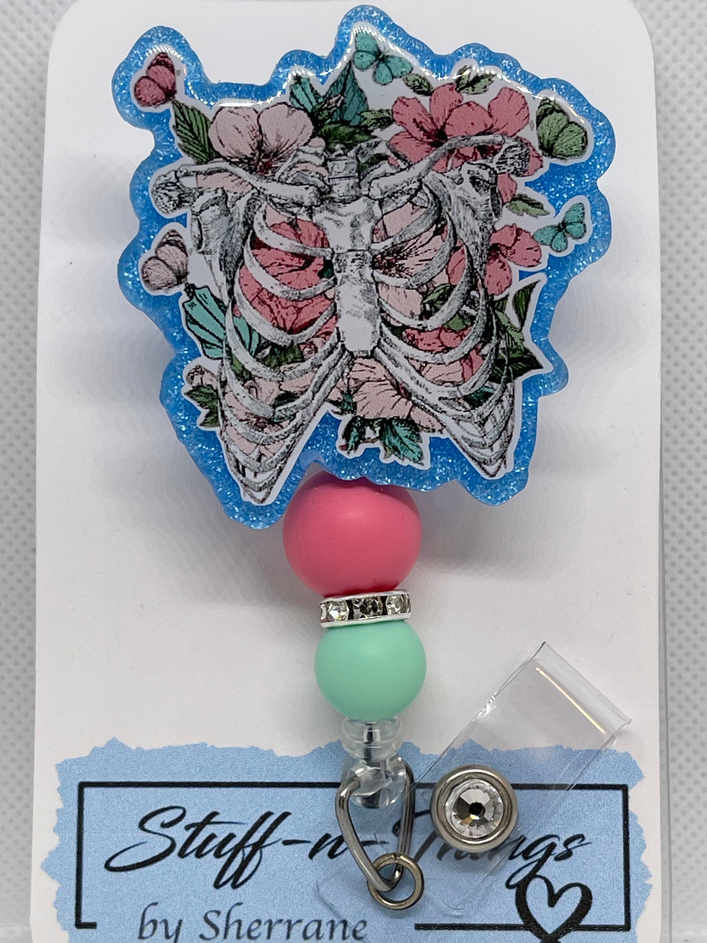 Floral Rib Cage Badge Reel w/ Beads