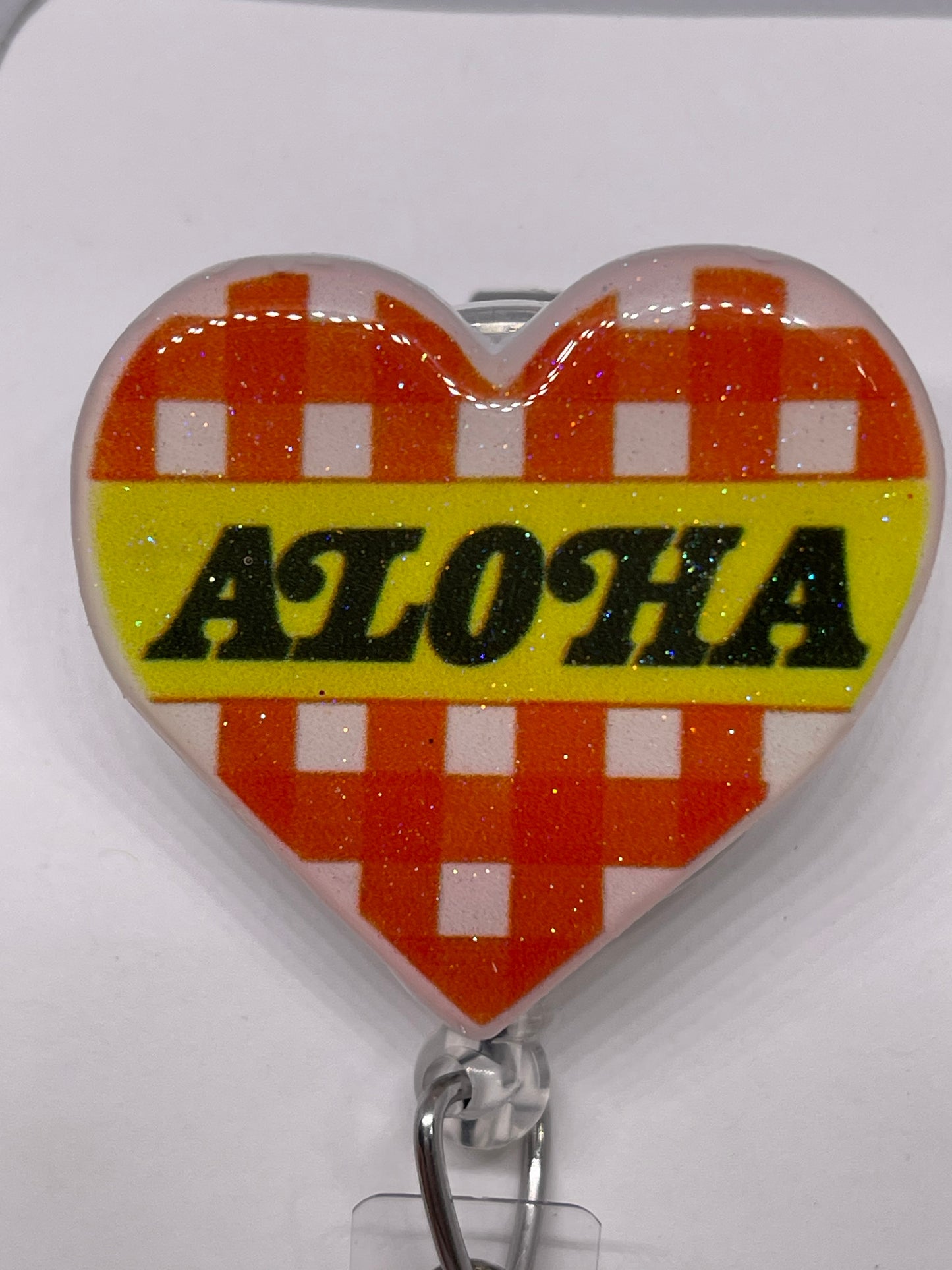 Acrylic Aloha Heart Badge Reel with Glitter Top Coat