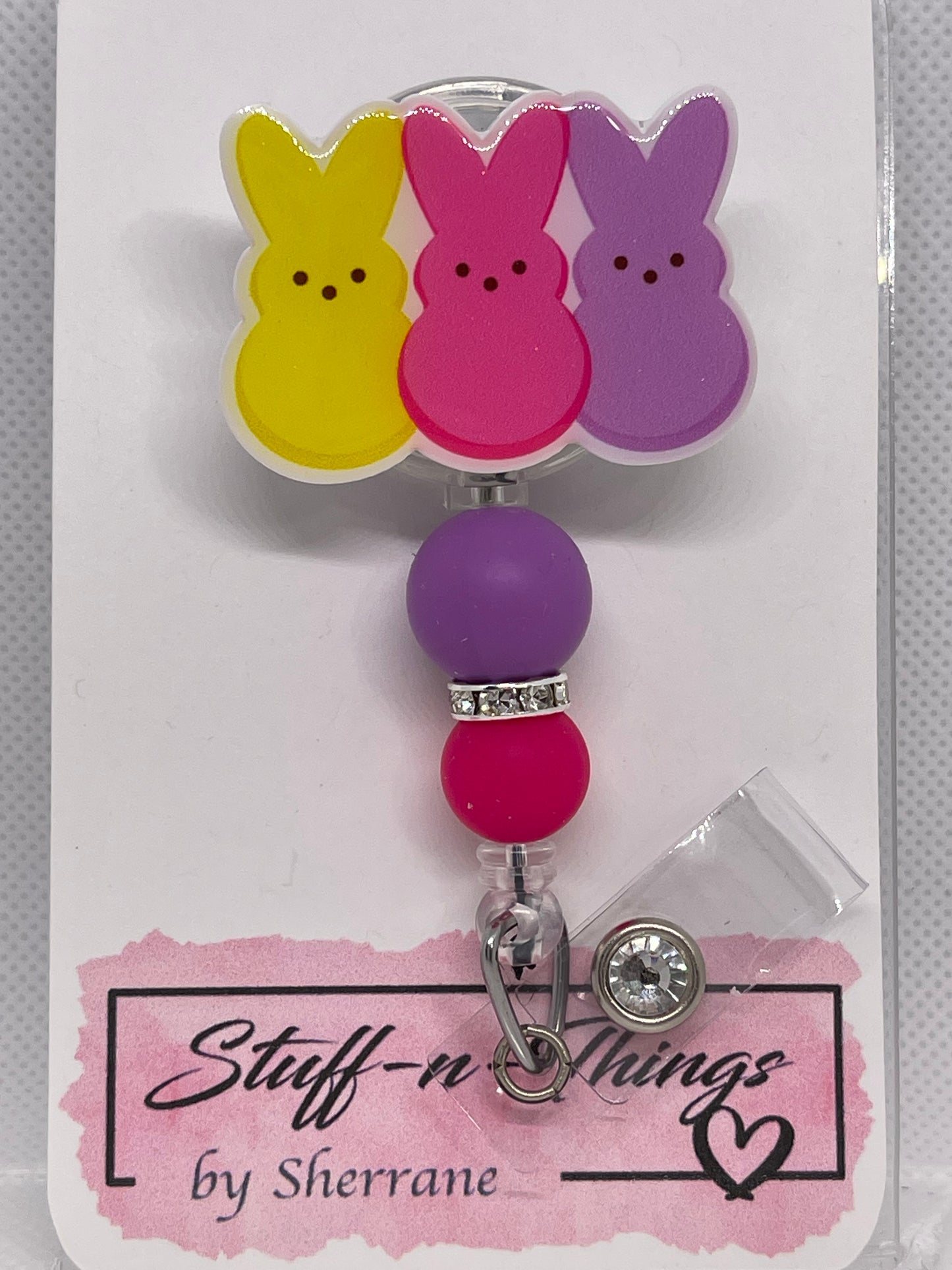 Acrylic Easter Peeps Badge Reel with Glitter Top Coat & Beads