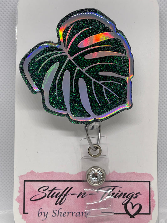 Monstera Leaf Green Glitter with Silver Holographic Badge Reel