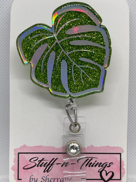 Monstera Leaf Light Green Glitter Resin Badge Reel with Glitter Resin Top Coat