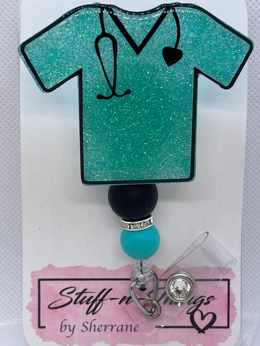 Scrub Top Teal Glitter with silicone Beads Badge Reel