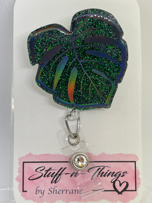 Monstera Leaf Green Glitter with Black Holographic Vinyl Badge Reel