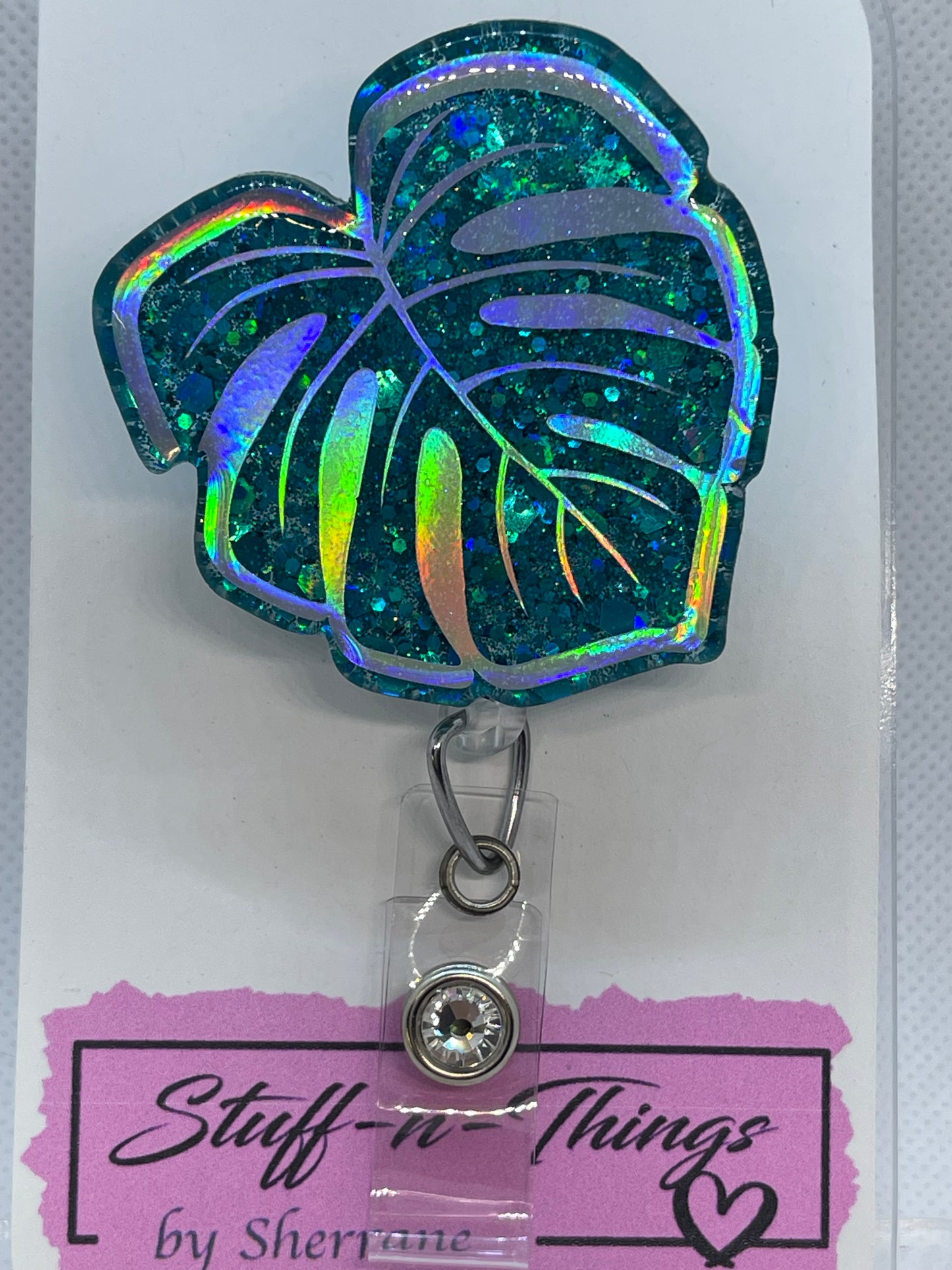 Monstera Blue Glitter Resin Badge Reel