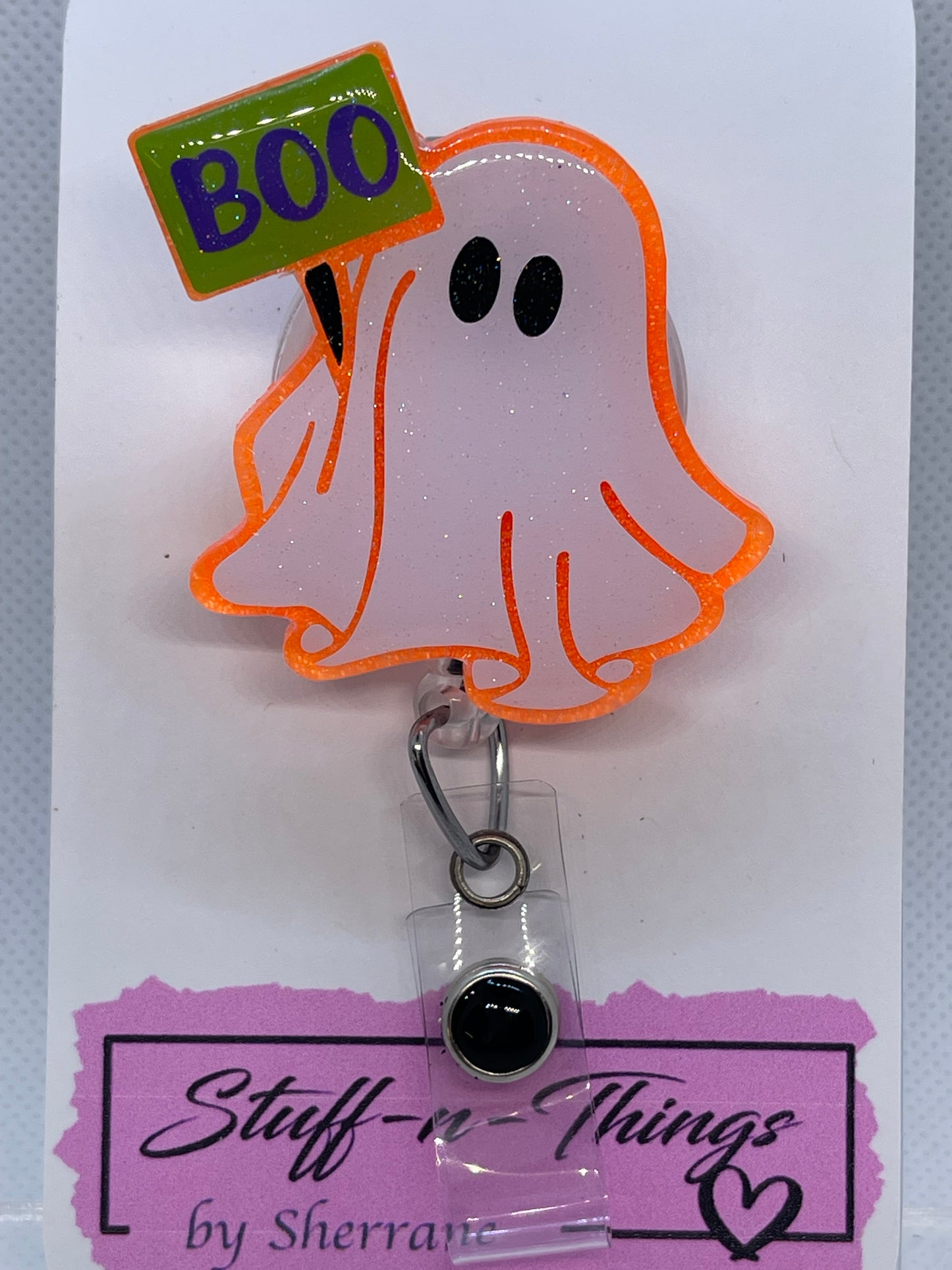 White Ghost w/ Neon Orange Glitter & Green Sign Badge Reel w/ Beads