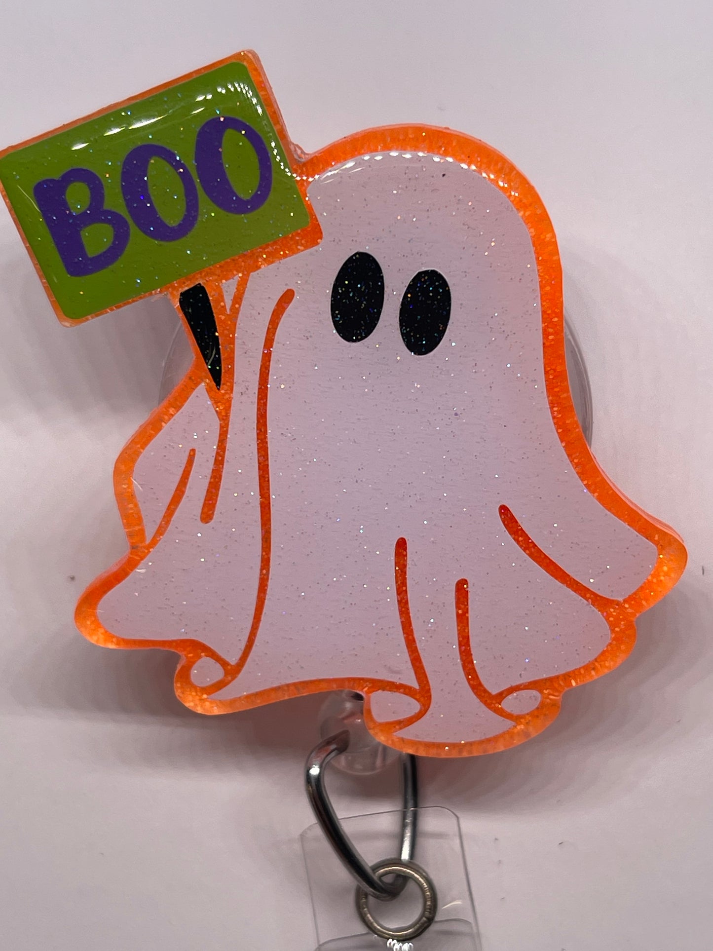 White Ghost w/ Neon Orange Glitter & Green Sign Badge Reel w/ Beads